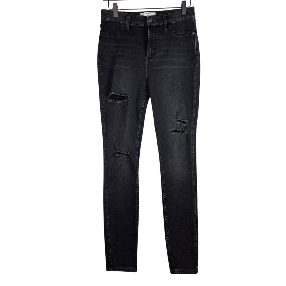 Free People Distressed Mid-Rise Black Raw Hem Boyfriend Jeans Size 29